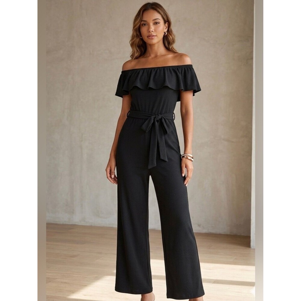 Black Ribbed Jumpsuit Off Shoulder Ruffle Wide Leg Belted Romper Sz XL⁠